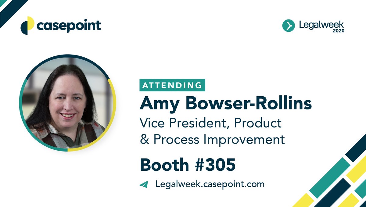 Casepoint's tweet photo. Come ask this industry veteran, Amy Bowser-Rollins, about our latest product enhancements and why our #eDiscovery solution is becoming industry standard! #Legalweek20 #LegalTech #LegalCIO #LegalBusinessStrategy #eDiscovery #AI https://t.co/heAiJ6DfGD https://t.co/ZgcY7pIRjN