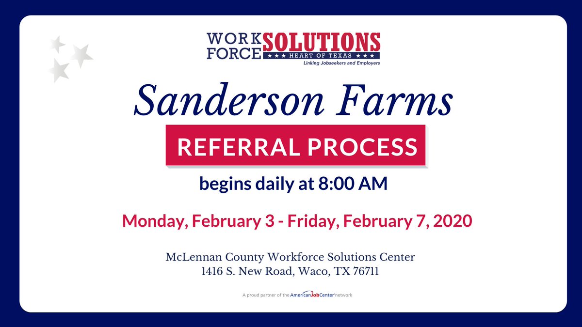 HOTWorkforce's tweet photo. Referral Process event for Sanderson Farms happening at the McLennan County Workforce Solutions Center Monday, February 3rd - Friday, February 7th beginning at 8AM each day. #hotworkforce #SandersonFarms https://t.co/ZMogkM3fX9