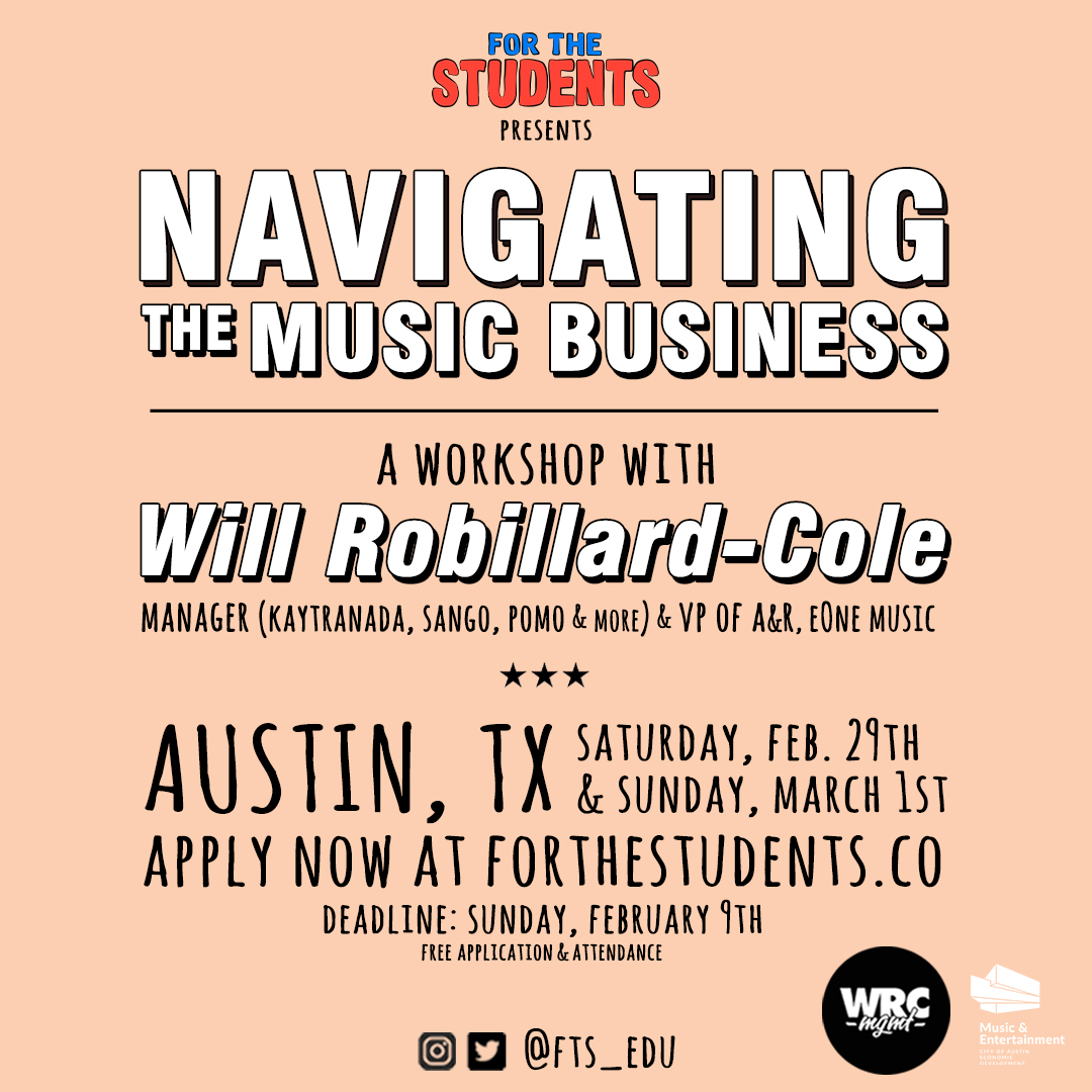 Calling all up-and-coming Austin musicians! We are co-hosting a FREE two-day workshop with <a href="/fts_edu/">b</a> and <a href="/wrobillardcole/">Will</a> to help you learn more about how to be successful in the music industry. Apply now because space is limited bit.ly/2UnknLw  #TuesdayTips