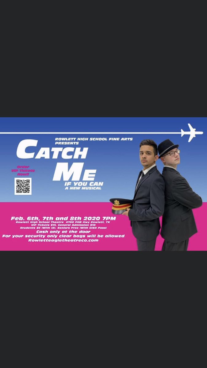 NickButcher20's tweet photo. Im so exited to be in Catch Me if You Can coming up this Thursday. Heres some info if needed, also listed on poster
🔵 Feb. 6-8 
⚪️ Showtimes are at 7 every night
🔵 Student admission(with badge)~$5
⚪️ General at door admission~$10
🔵 Reserved VIP~$15
⚪️ Cash only @ door https://t.co/t9fTaBOJCv