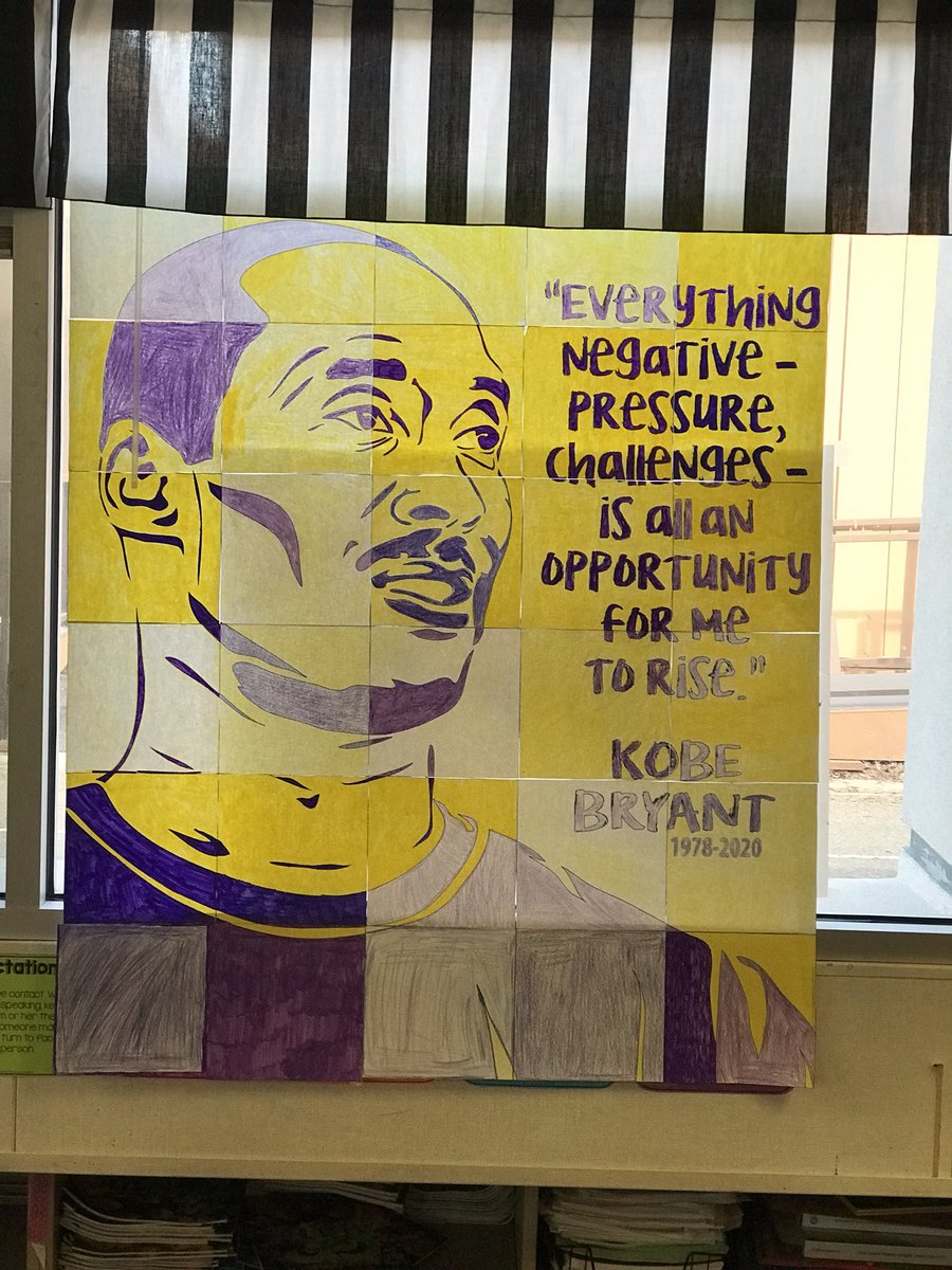 doinglifein5th's tweet photo. @artwithjennyk thank you for the amazing collaborative poster. Even though these kids are young many of them felt a loss just like we did. Those conversations are important🖤💜💛#RIPKobe #fourcreeksvusd #visaliausd #5thgrade https://t.co/QqDQgbJQsv