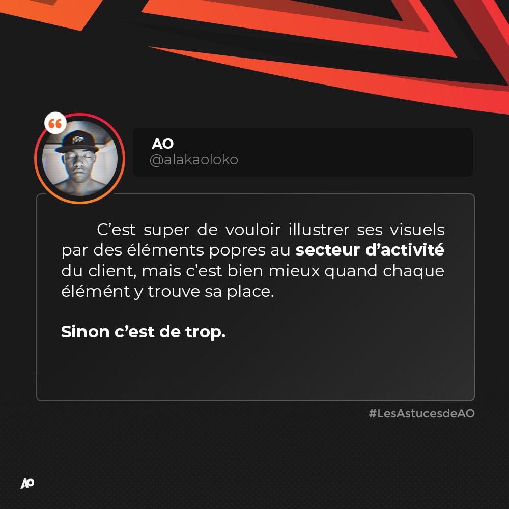 alakaoloko's tweet photo. Le remplissage sincèrement çà ne sert à rien. Un seul élément bien mis en exergue peut très bien illustré l'activité, ou faire passer le message. La simplicité c'est très souvent le meilleur choix ✨👌🏾
#LesAstucesDeAO #ThinkOriginal #AOGRFX https://t.co/bKOcJQipVd
