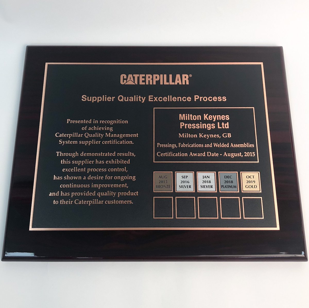 GroupMkp's tweet photo. MKP have been awarded the 2019 Gold Award for the Caterpillar Supplier Quality Excellence Process (SQEP) https://t.co/KtzH6crwHC  #engineering #quality  #UKmfg https://t.co/4jnJMckstc