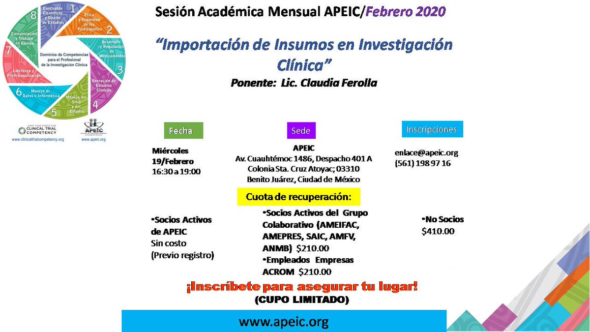 APEIC1's tweet photo. Estimado profesional en la Investigación Clínica, APEIC, A.C. te invita a la Sesión Académica Mensual del Miércoles 19 de Febrero 2020, ya sea presencial o vía remota desde tu equipo, tablet o smarphone.

Informes en enlace@apeic.org

Tel. 561 198 97 16

https://t.co/Qn6lvHdWMd https://t.co/zkhCMSIH32