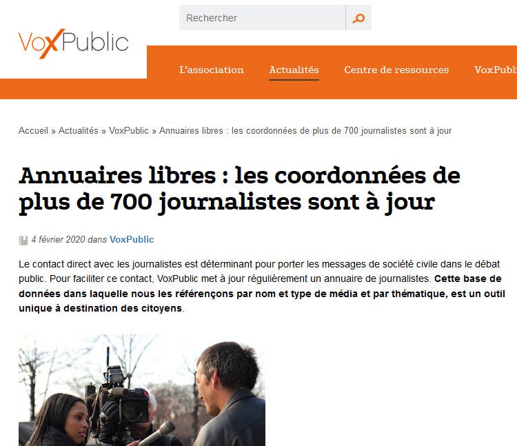 VoxPublic_'s tweet photo. Quelle est la seule association qui met à la disposition de tou.te.s un #annuaire partagé et libre d'accès avec + de 700 contacts de #journalistes (média, spécialité, compte @Twitter) ? C’est @VoxPublic et on est heureux de le faire ! Faites passer le mot! https://t.co/dLqrYug0i0 https://t.co/MVxLY2F6po
