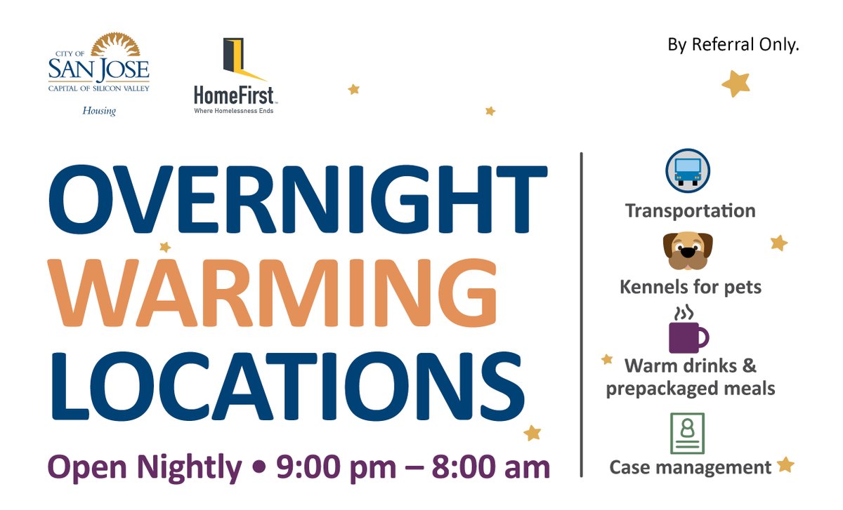 An infographic of San Jose's Overnight Warming Locations. These are open nightly from 9pm - 8am by referral only, and provide kennels for pets, transportation, warm drinks and prepacked meals, and case management.