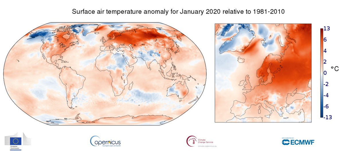 Global and Europe map of January 2020 surface air temperatures from ERA5
