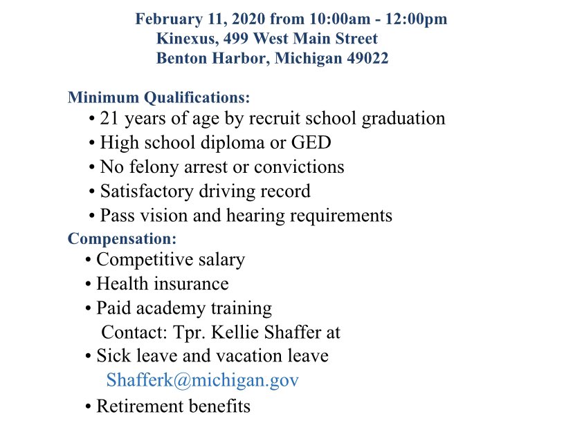 MspSouthwestMI's tweet photo. Looking for an exciting career in law enforcement?? @MichStatePolice is hiring qualified applicants. Stop by Kinexus Benton Harbor Feb. 2nd to  ‘Ask Tpr. Shaffer How’ to begin the process of joining #OneMSP  #LawEnforcement https://t.co/fOQ0eaKl2r