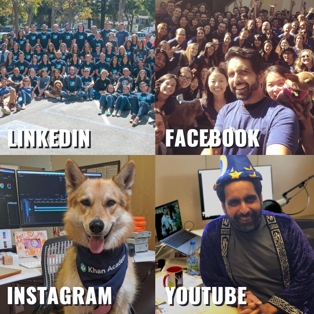 Four photos in a collage - Linkedin is a team group photo. Facebook is a selfie of Sal with the team. Instagram is a dog at a desk. Youtube is Sal in a wizard costume in front of his microphone.