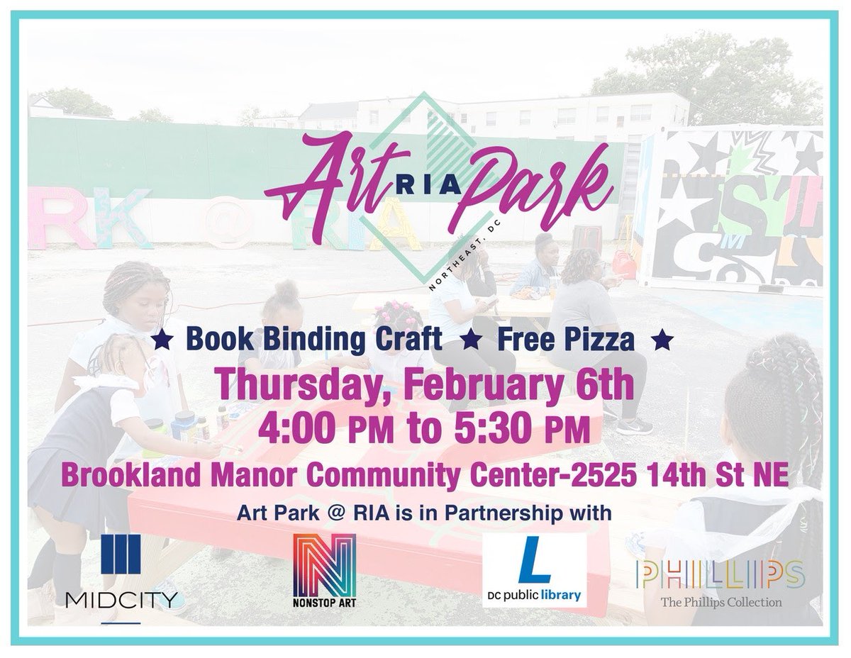 dcRIAlized's tweet photo. Art Park @ RIA is back! Join us on February 6th for an evening of crafts and free pizza with the community.๐ ๐
Due to the frosty weather, this event will be held indoors at the Brookland Manor Community Center. #ArtParkRIA #DCrialized #riaDC https://t.co/8VcdotetDz
