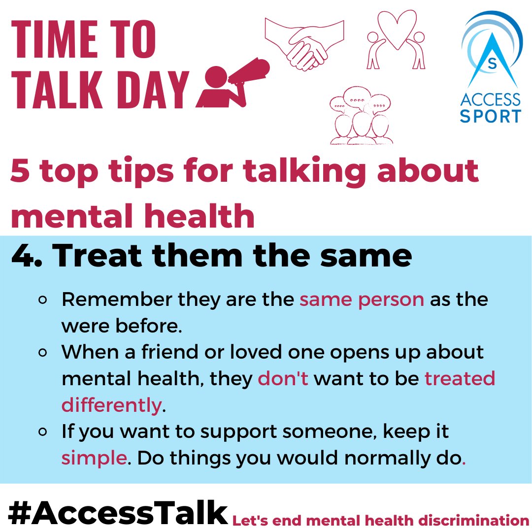 AccessSport's tweet photo. Just a few more days until #TimetoTalk day arrives.
No matter what anyone tells you regarding mental health, they are still the same person you knew before.
Don't treat them any different because of it. π
@TimetoChange #AccessTalk https://t.co/Zbs5qFBsrY