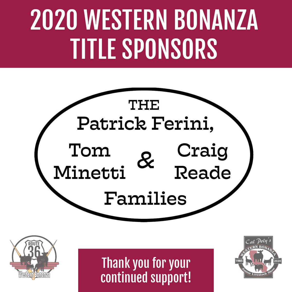 Thank you to the Ferini, Minetti and Reade Families for continuing to be title sponsors of #WB2020! #Bonanza36 #titlesponsor