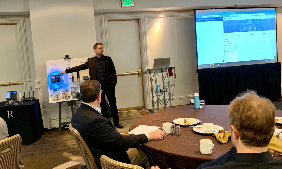 InductiveAuto's tweet photo. Travis Cox demonstrates how Ignition, @CirrusLink modules, and Ignition Onboard devices such as the 
@opto22 groov EPIC can easily publish tag data via #MQTT and connect the data to cloud infrastructures such as AWS and Azure. #ARCForum https://t.co/EHRsl5dDE5