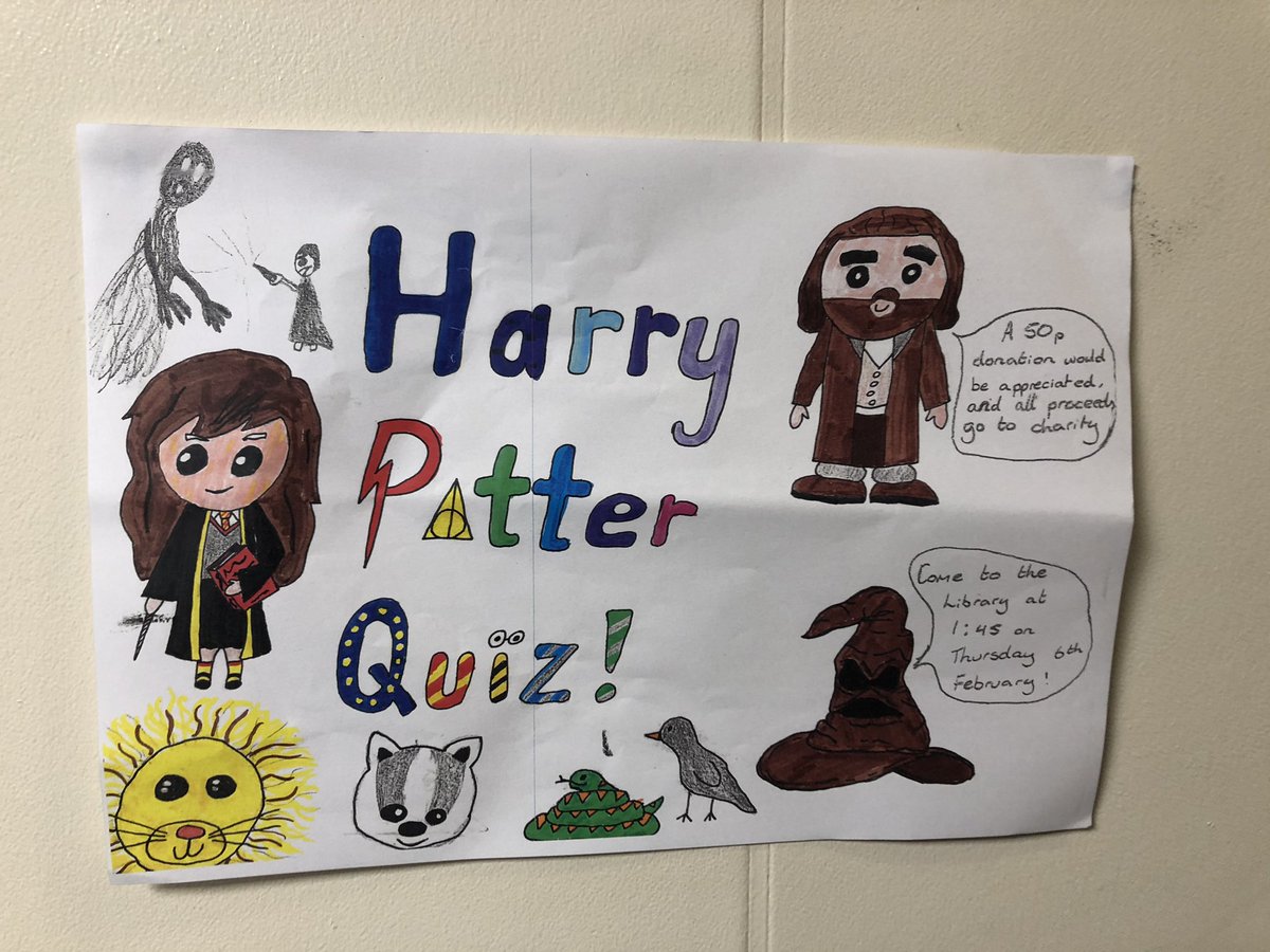 DT_Rocks's tweet photo. I am really impressed with this poster advertising the Harry Potter quiz on Thursday! #greatgraphics #harrypotterquiz #charityfundraiser #bekind https://t.co/F5bKpGJM2q