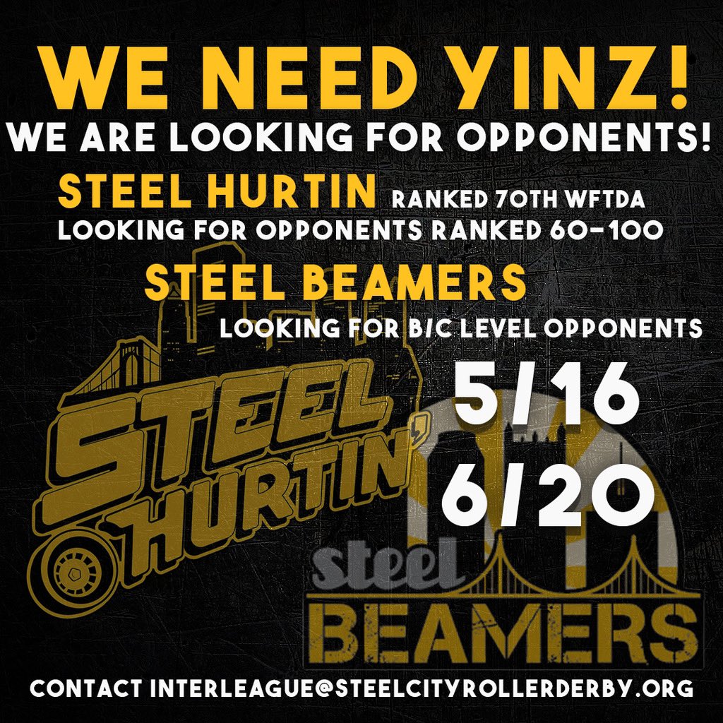 SteelCityDerby's tweet photo. Hey #DerbyTwitter! We’re still looking for opponents for some home games— could that be yinz? Hit up our ILC folks for details!!
cc: #ILCTwitter https://t.co/MLG6KGDOQ0
