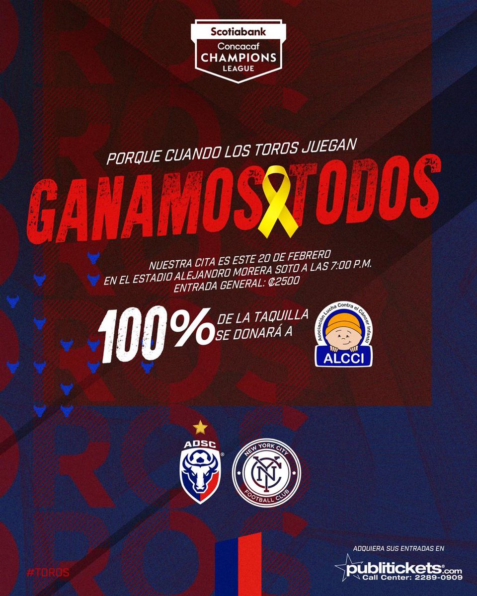 Próximo 20 de febrero en el estadio Alejandro Morera Soto Los Toros se enfrentarán al New York City FC y ocupamos que toda nuestra afición esté presente en esta gran cita.

Podés adquirir las entradas vía:
💻 publitickets.com
☎ 2289-0909
🏬 Puntos de venta autorizados