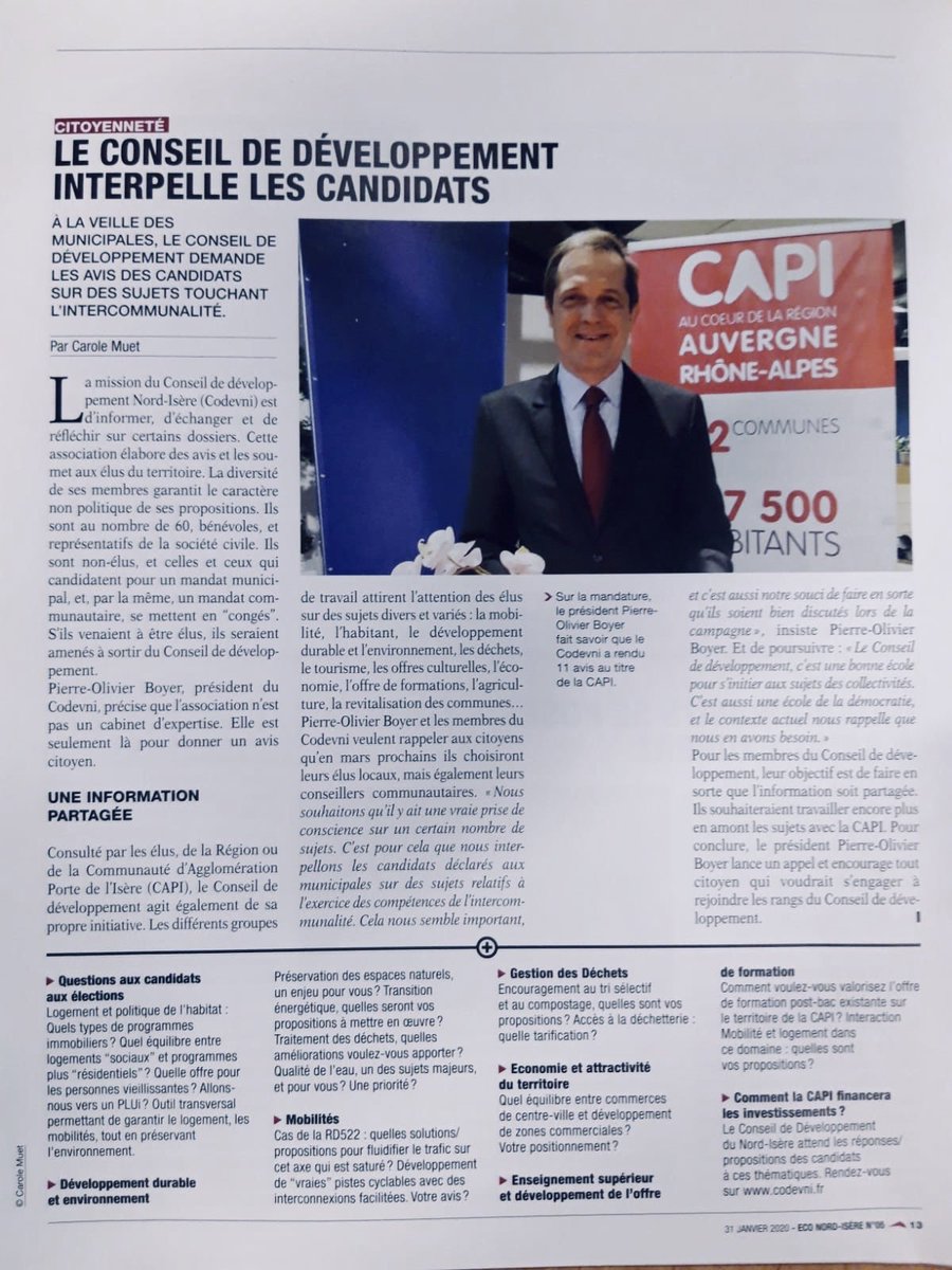 Questions aux candidats #electionsMunicipales2020 par le Conseil de Développement #NordIsère <a href="/capi_agglo38/">CAPI</a> <a href="/po_boyer/">Pierre-Olivier BOYER</a> dans <a href="/EcoNordIsere/">ECO Nord Isère</a>