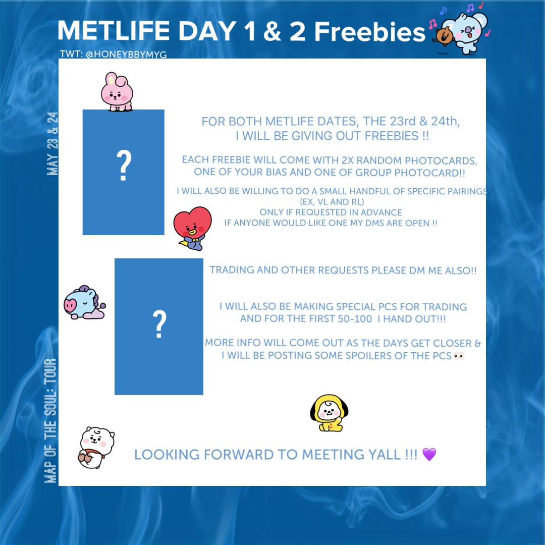 honeybbymyg's tweet photo. METLIFE FREEBIES: 

hello lovelies!! I am excited to announce that this yr I will be giving out freebies at both metlife dates!!! all current info is below~

@honeybbymyg 

rt,like,follow &amp; read more below about trades and reserves!! 

#BTSxMETLIFE #MapOfTheSoulTour   #BTS https://t.co/fcRkINZbsL