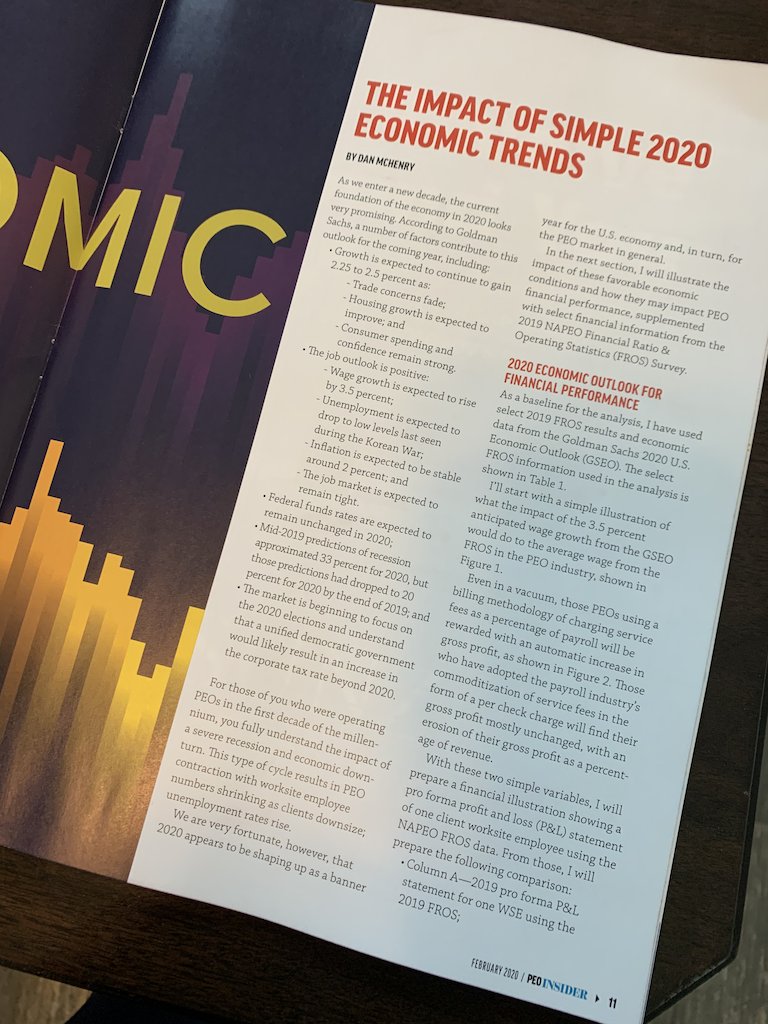 McHenryPEO's tweet photo. Check out Dan McHenry's latest article in the @NAPEO PEO Insider on "The Impact of Simple 2020 Economic Trends". Great job, Dan! #PEOadvisors #PEOeconomictrends #PEOsales #PEOstrategies #WhiteLabelHR #PEOrecruiting #McHenryPEO https://t.co/42NsQPfCra