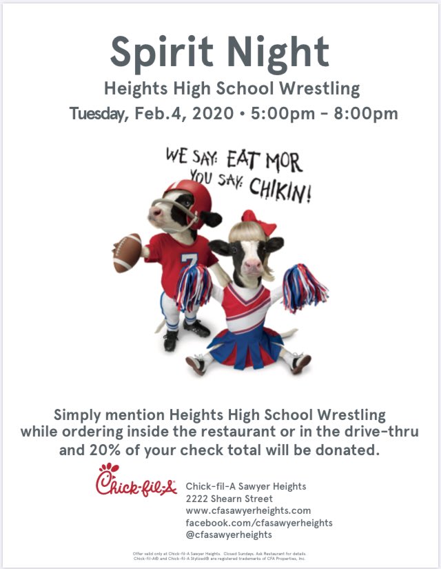 HeightsW's tweet photo. Tonight is our Chick-fil-a spirit night!! Grab some dinner at Chick-fil-a and mention heights wrestling!!!! https://t.co/KZt7cKCi93