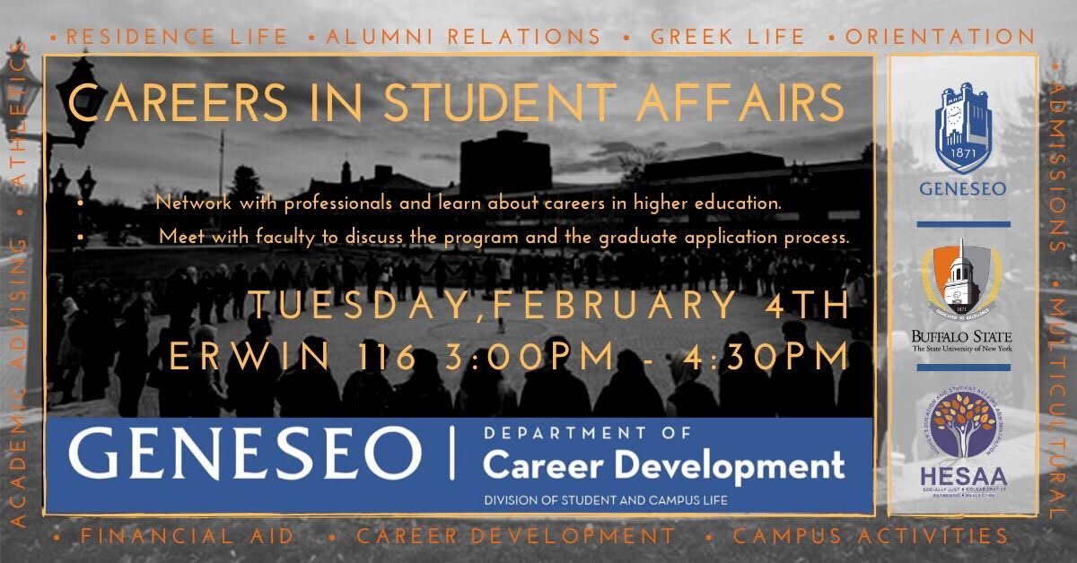 buffalostatehea's tweet photo. A reminder that Buffalo State HESAA is on the road today! If you are in the SUNY Geneseo area, please stop by Erwin 116 between 3-4:15 PM to say hi and bring along any students who might be interested in a career in higher education! #BuffStateHESAA #CareersinSA #BuffStateFam https://t.co/eUmQEzKRS3