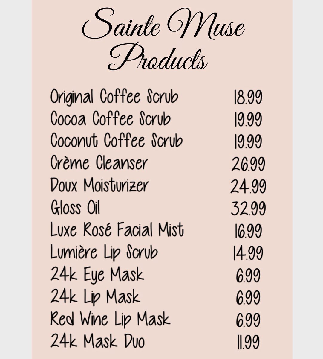 saintemuse's tweet photo. Here is the list of products &amp; pricing that is available on February 14th when we relaunch! Some items there is limited but we will be do restocks. 🌹
.
#SainteMuse #SMBabe #selfcare #skincare #beauty #muse #locallymade #smallbusiness #local #Michigan #MittenMade #whosyourmuse https://t.co/ROUZjBIQyK