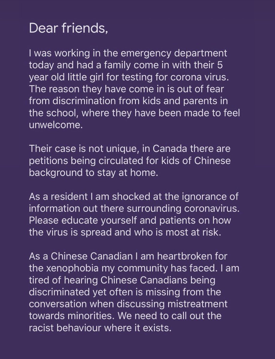 CarolYujiaYin's tweet image. My friend Mei is a doctor in #Vancouver and a fellow Chinese-Canadian. 

This is her message on racism &amp;amp; xenophobia around #coronavirus in #Canada. 

Thank you @meiwwen for sharing 👩🏻‍⚕️♥️

#CoronavirusCanada #CoronavirusOutbreak #coronaviruswuhan #Wuhan #coronaviruschina #2019nCoV
