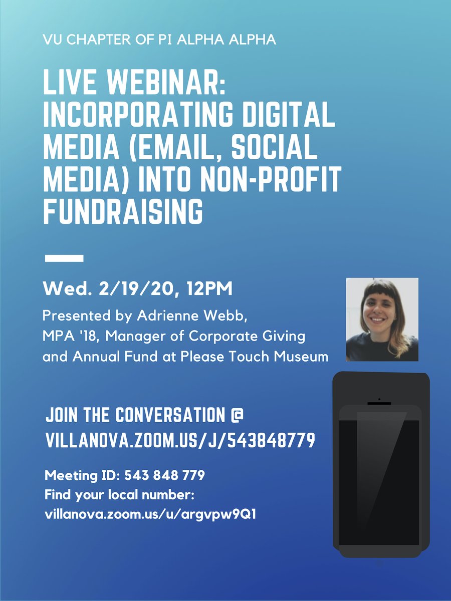 VU_PADepartment's tweet photo. Save the date for our upcoming Pi Alpha Alpha spring webinar "Incorporating Digital Media (Email, Social Media) Into Non-Profit Fundraising" on February 19 at 12pm! #VillanovaMPA #PiAlphaAlpha https://t.co/MwLj2tV6ER