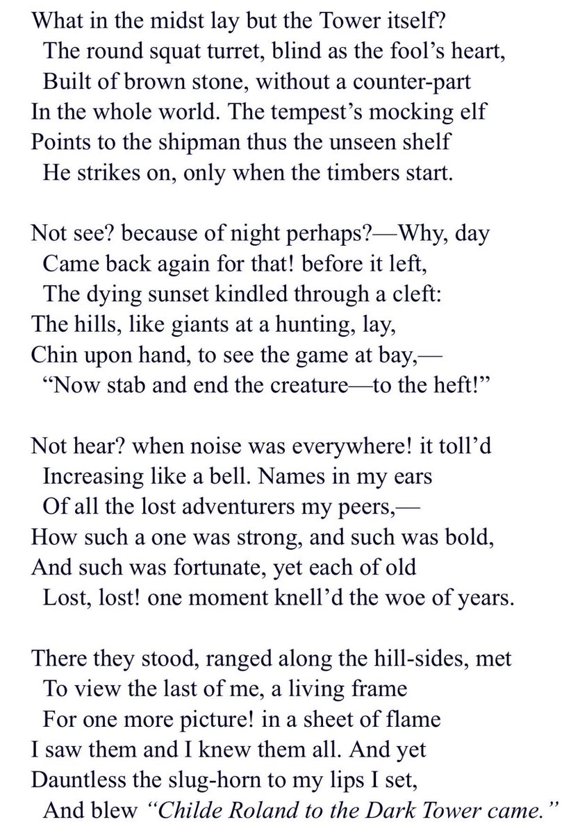 Browning’s “Childe Roland to the Dark Tower Came” as always felt like a vital forerunner to Crane’s “Broken Tower” by the way (only posted the end but here)