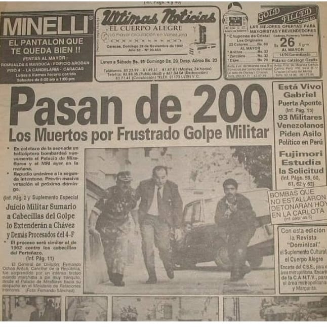FrancoJRuiz's tweet photo. Hace 28 años centenares de personas fueron asesinadas por el afán del Hugo Chávez de llegar al poder. El intento de golpe de este asesino bañó de sangre las calles de Caracas. #4Feb #GolpeDeEstadoEnVenezuela #UnDíaComoHoy https://t.co/Iv2ITPT2jP
