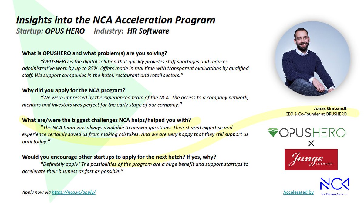 nca_vc's tweet photo. Jonas Grabandt, CEO and Co-Founder of #NCA Portfolio Startup #OPUSHERO, shares his insights into our Acceleration Program! 😍🚀

Do you want to accelerate your startup, too?
➡️ Apply now via https://t.co/FgmKCGDjFM

#startups #applynow #success #founders https://t.co/hDpJQi7BuT