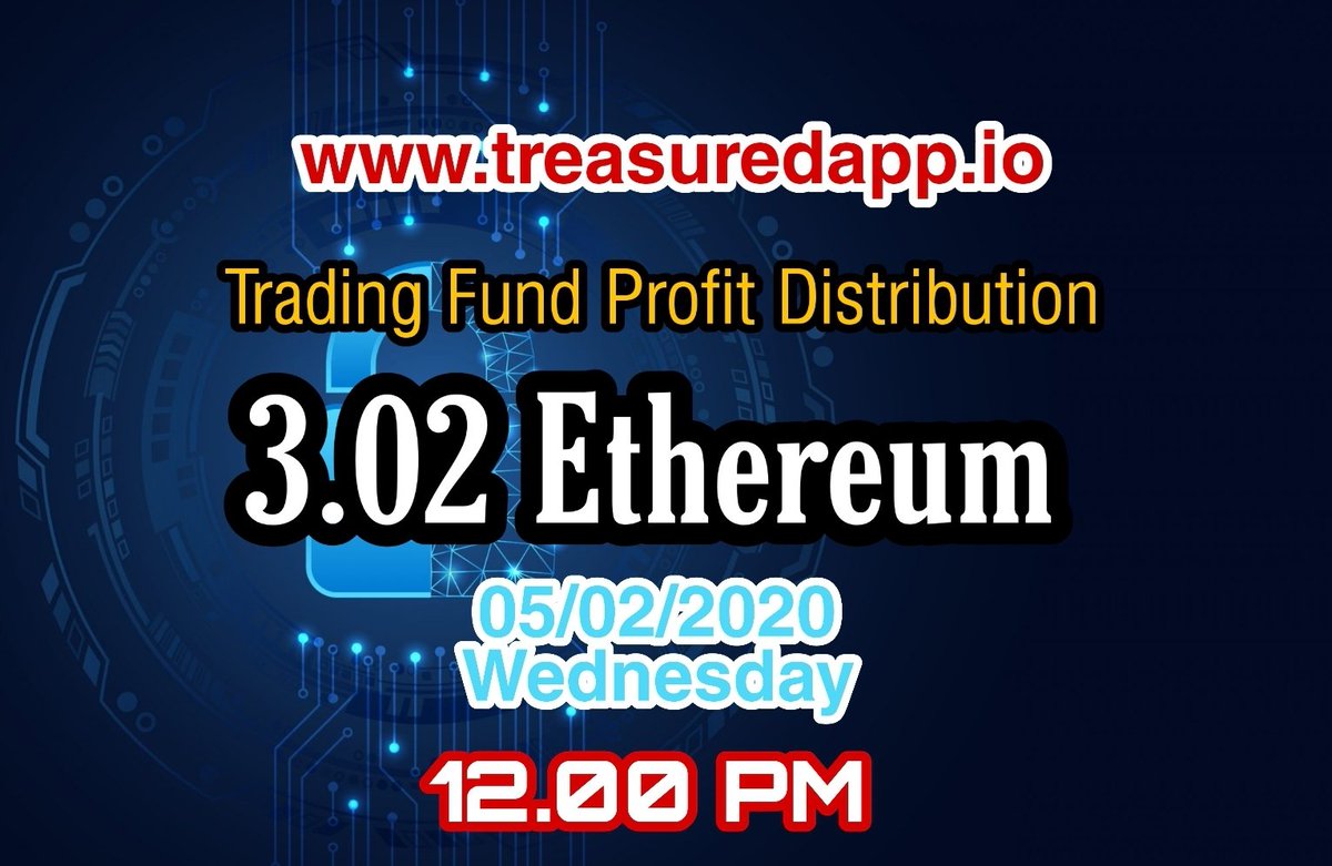treasuredapp's tweet photo. #treasuredapp Trading Funds Profit Distribution 05/02/2020 12:00pm 3.02 #ethereum 
Join us and make unlimited #ETHEREUM https://t.co/UHBsBm6fqS