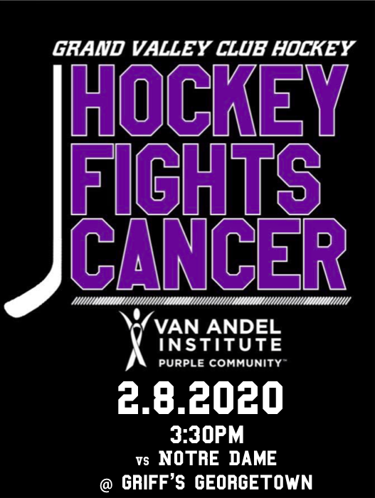 gvsuhockeyd3's tweet photo. This Saturday GVSU D3 Club Hockey is teaming up with @PurpleVAI for our annual Hockey Fights Cancer game! This year your Lakers will be taking on Notre Dame at 3:30pm at Griff's Georgetown Ice Arena! 

Come out and support a great cause!💜

@PurpleVAI @VAInstitute @GriffsGTown https://t.co/YF1HaehHzU