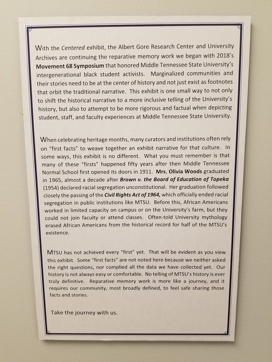 Image of introductory panel text to "Centered" exhibit that explains the silences in MTSU's archive concerning Black history.