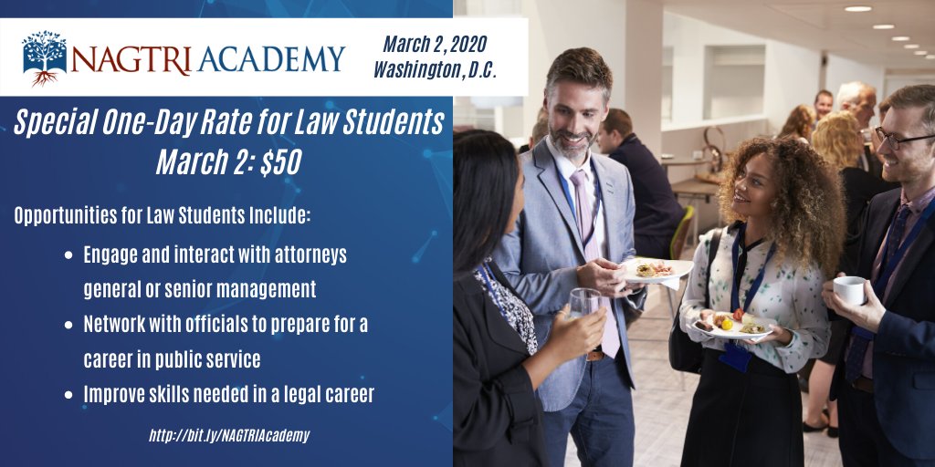 NatlAssnAttysGn's tweet photo. Calling U.S. law students! Are you looking for an opportunity  to network with AG office staff and other government officials to prepare for a career in public service? Law students can attend #NAGTRI Academy on March 2 for only $50. Learn more at https://t.co/8D3XTzjBZn. https://t.co/PhNxTjliXE