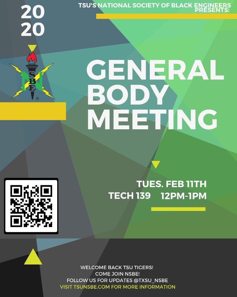🚨ATTENTION ALL NSBE TxSU CHAPTER MEMBERS🚨 
Our first general body meeting for the semester will be held exactly a week from now. Come to room 139 in the tech building to discuss important information and dates. We look forward to seeing you there! #TxSU #NSBE