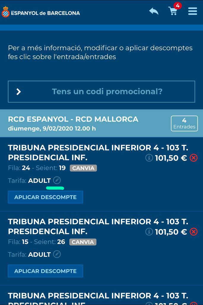 RCD Espanyol de Barcelona on Twitter: "4. Fes clic a l'icona del llàpis✏️, al costat de la Adult (veure zona subratllada en verd) 5. Canvia la tarifa a PREU SOCI 6.
