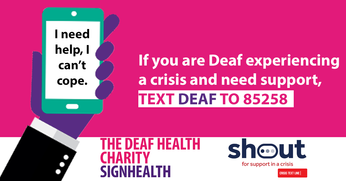 SignHealth's tweet photo. If you know a Deaf child or young person who needs support, they can text the word 'DEAF' to the number 85258 anytime 24/7 for free. A trained #crisisvolunteer will respond. #ChildrensMentalHealthWeek2020 @BATOD_UK @NDCS_UK @GiveUsAShout @YoungMindsUK @MindCharity @ChildrensComm https://t.co/BWsGgVJcvA