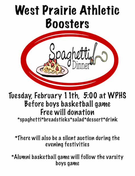 WPNEPrincipal's tweet photo. Special Events Reschedule:

The @BoostersWest Spaghetti Supper and Basketball Alumni Night have been rescheduled for the Tuesday, February 10 BBKB game against Rushville-Industry.  

Spaghetti Supper will run from 5-7pm in the WPHS cafeteria.
@westprairie103 @WestPrairieHS https://t.co/iW6b1PSy6K