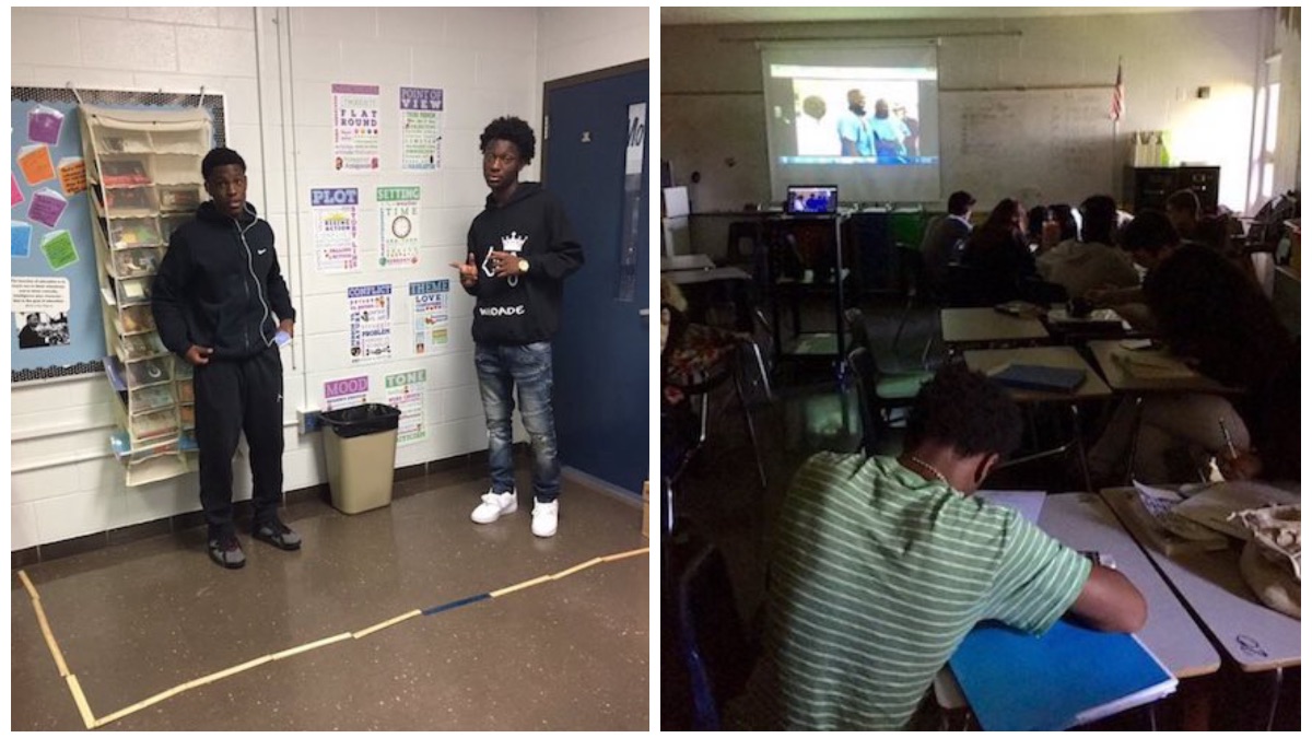 A collage image of students in a classroom learning about Ear Hustle