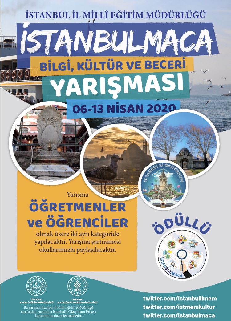 İstanbul ‘u Okuyorum Projesi kapsamında öğretmenler ve öğrenciler olmak üzere iki ayrı kategoride yapılacak İSTANBULMACA Yarışması 6-13 Nisan 2020 tarihlerinde gerçekleştirilecektir. 
<a href="/memleventyazici/">Levent Yazıcı</a> <a href="/OzilLevent/">Dr. Levent Özil🇹🇷🇹🇷🇹🇷</a> <a href="/istanbulilmem/">İstanbul İl Millî Eğitim Müdürlüğü</a>
