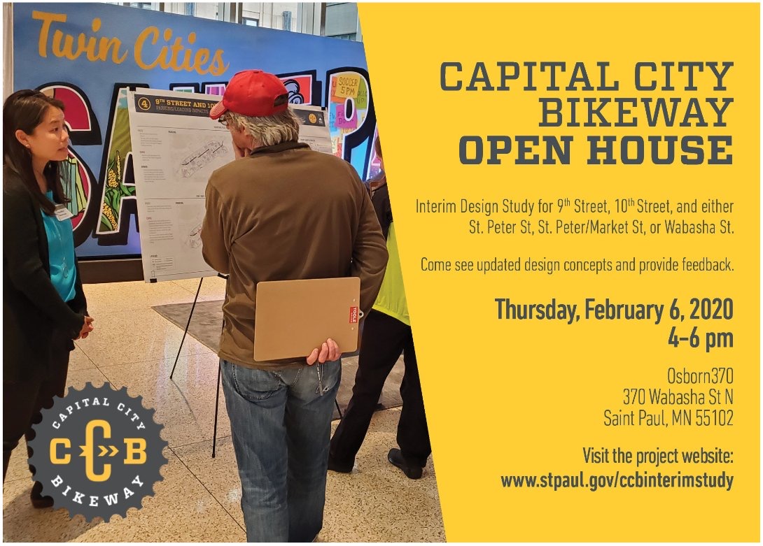 SaintPaulBike's tweet image. Don't miss the Capital City Bikeway Open House this Thursday at Osborn 370! Downtown is the biggest bike gap in our city, but we have a chance to make biking safe downtown over the next two years.