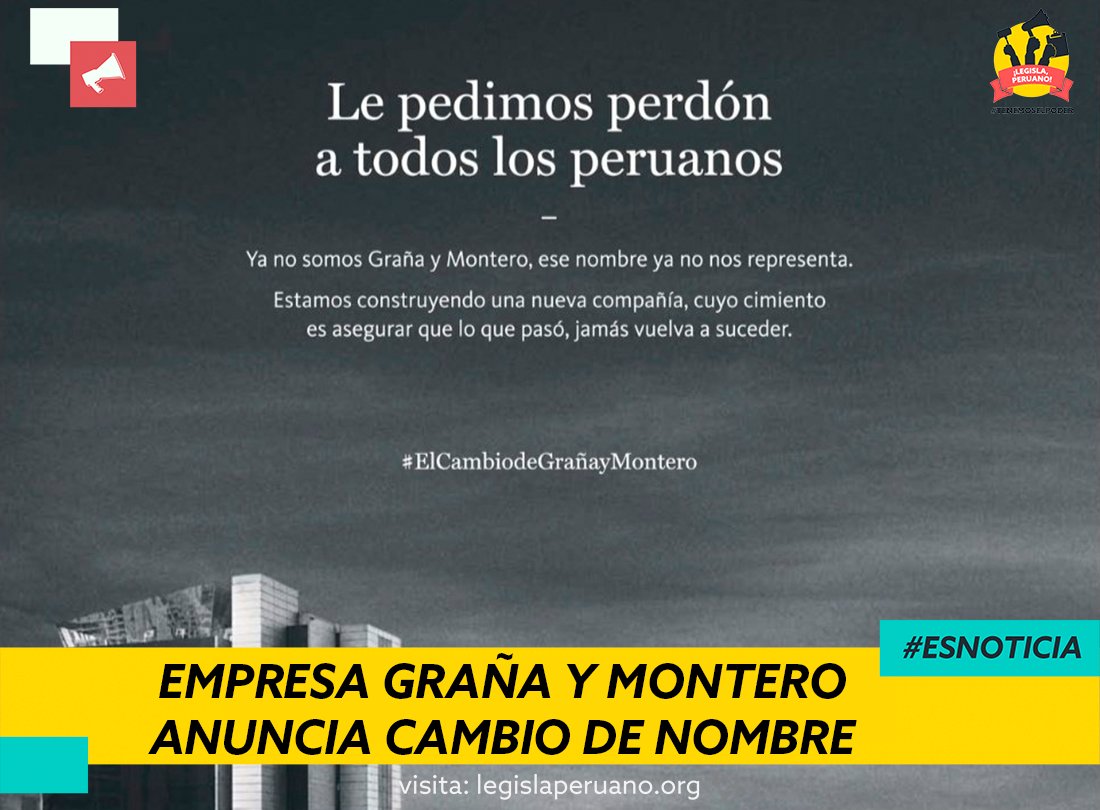 LegislaPeruano's tweet photo. #EsNoticia #Política 📣📣

En medio del caso de corrupción más grande de América Latina, Lava Jato, la empresa Graña y Montero tendrá próximamente su punto de inflexión con el cambio de identidad.

#TenemosElPoder
Foto: Graña y Montero https://t.co/3w0QK7A1CT