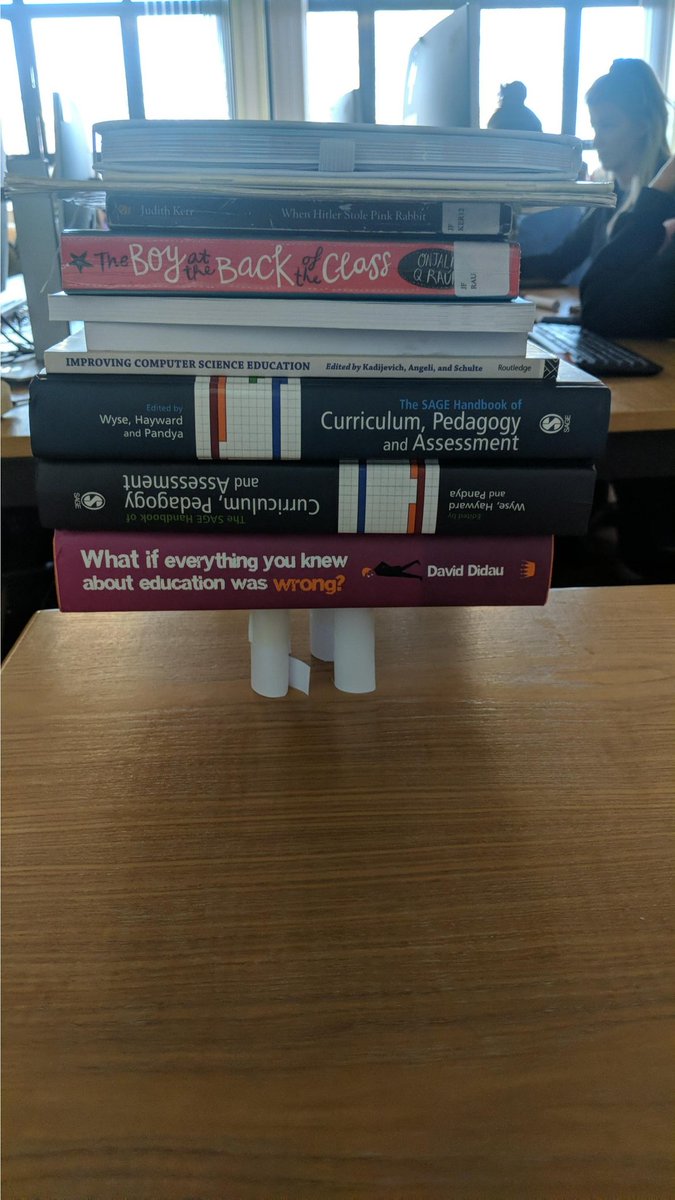 MattersOfCS's tweet photo. As part of exploring what interdisciplinary learning involving the Technologies looks like #MEduc3 student teams were challenged to create support structures using a sheet of A4 paper & 5cm of tape. The record was 18 heavy books but could have been higher if we had more books 😂 https://t.co/g51vcvqKuU
