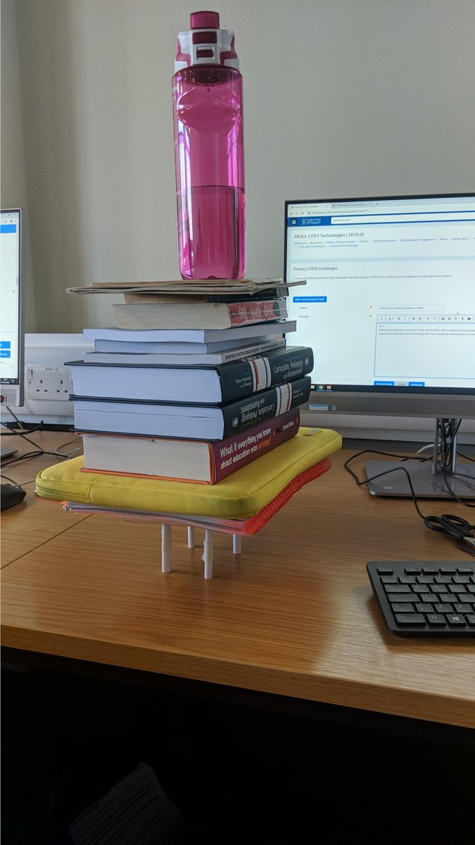 MattersOfCS's tweet photo. As part of exploring what interdisciplinary learning involving the Technologies looks like #MEduc3 student teams were challenged to create support structures using a sheet of A4 paper & 5cm of tape. The record was 18 heavy books but could have been higher if we had more books 😂 https://t.co/g51vcvqKuU