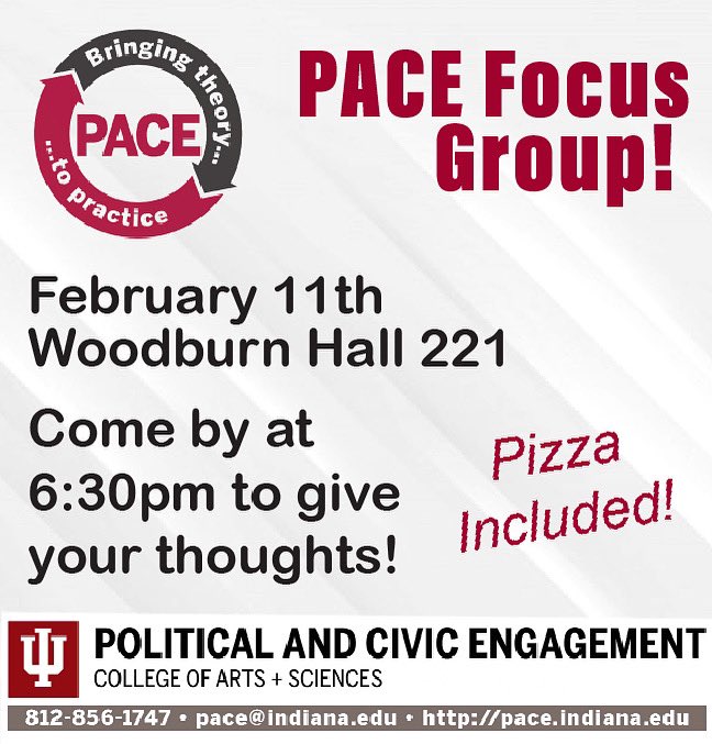 pace_iu's tweet image. The PACE program will be hosting a Focus Group for current students and/or alumni of the program to come give feedback for the future of PACE. We will be providing a pizza dinner for your valuable opinions and feedback! 6:30pm on 2/11 in Woodburn Hall Rm 221
