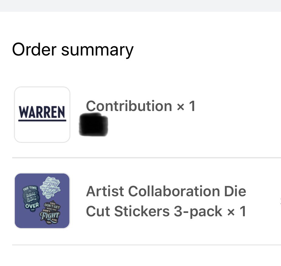 Order summary of Warren contribution & sticker bundle purchase