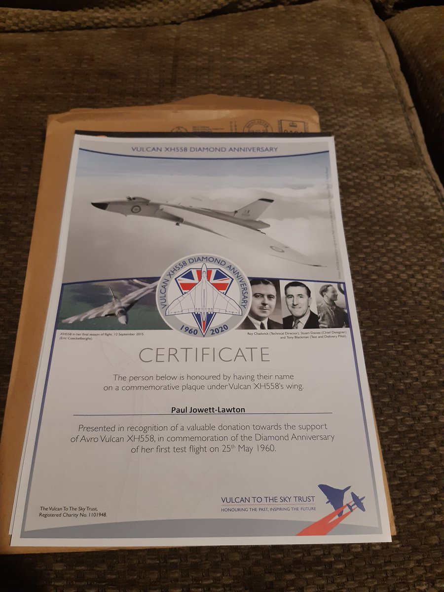 Just received this through the post. A donation was made in my name as a gift. Truly humbled. #vulcanXH558