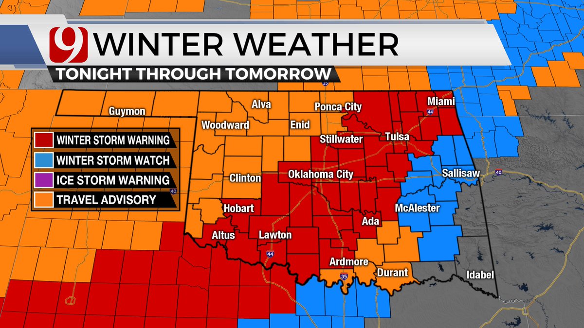 themahler's tweet photo. **NEW** Winter Storm Warning has been updated and expanded over central, southern, and northeast OK. 4-7" of snow is likely across the warning area. The Winter Weather Advisory in NW OK is for snow that could arrive later today and accumulate there. #okwx @NEWS9 https://t.co/MLhCW5QfHR