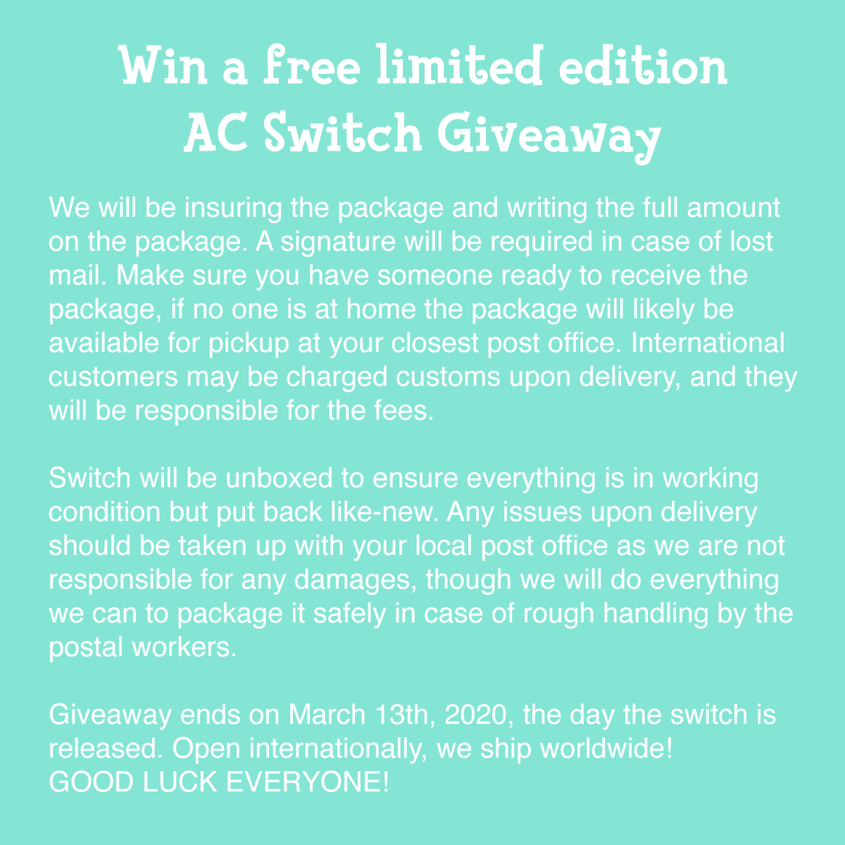 xiumai_'s tweet photo. @ArisaChibara, @shirayukinikki, and I (@xiumai_) are holding a giveaway for a limited edition Animal Crossing Switch! Follow us + RT to enter (no quote RTs), rules and how to get more entries in the images below ↓
#animalcrossing #newhorizons #animalcrossingnewhorizons #acnh https://t.co/fNsPDbx41g